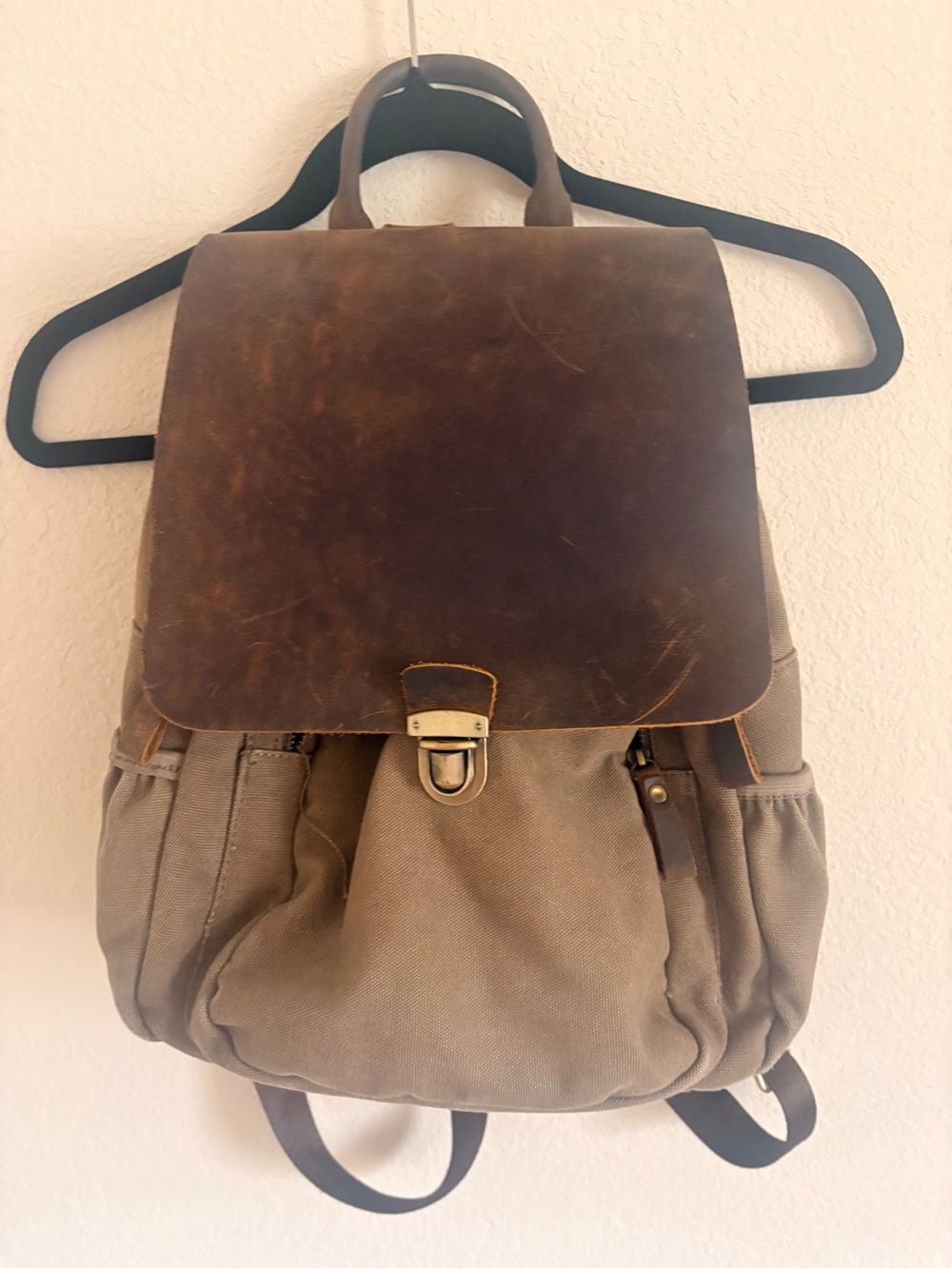 Unbranded Taupe Canvas Genuine Leather Flap Backpack Distressed Brown